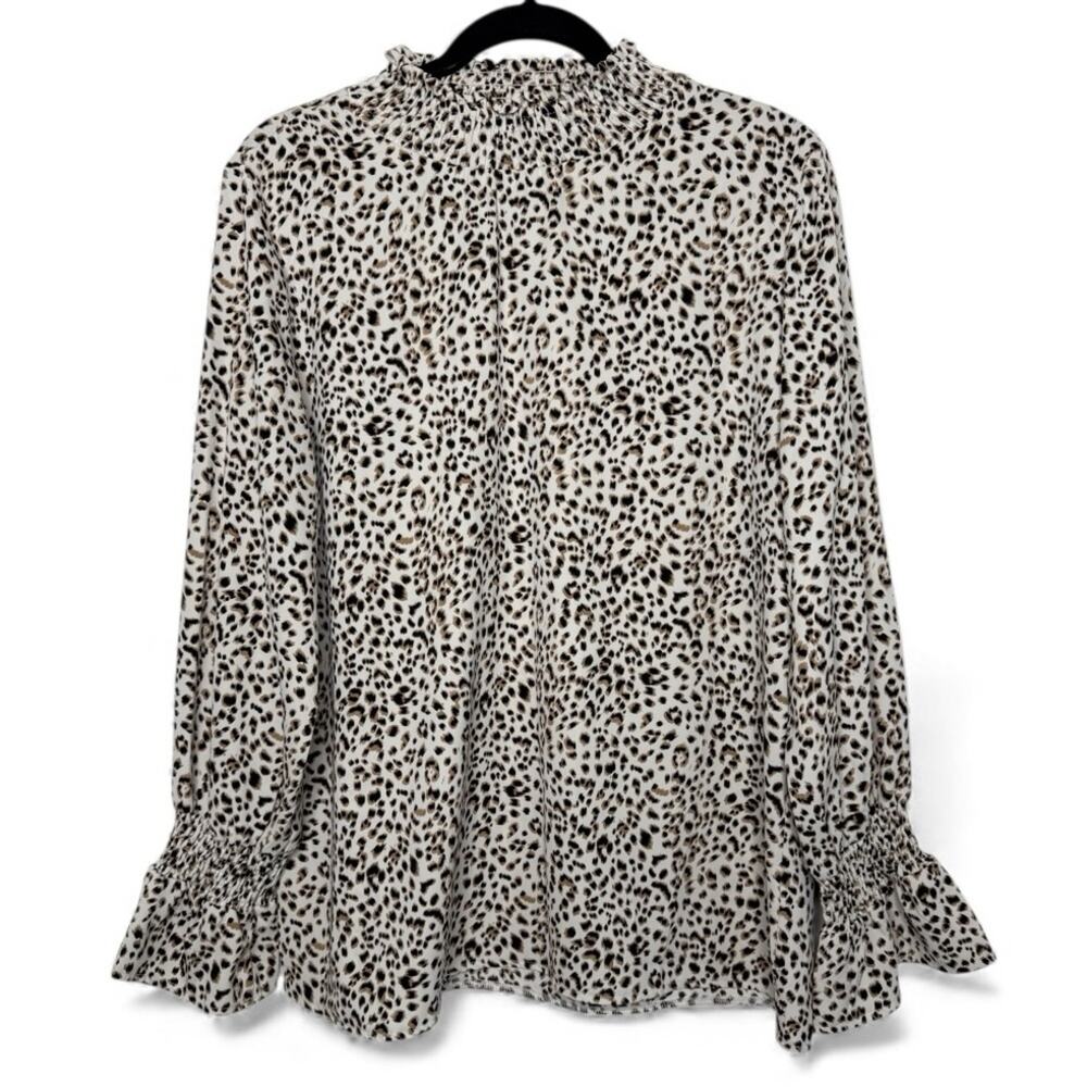 Animal Print Blouse • Smocked Neck • Ruffle Sleeve Top • Women’s L